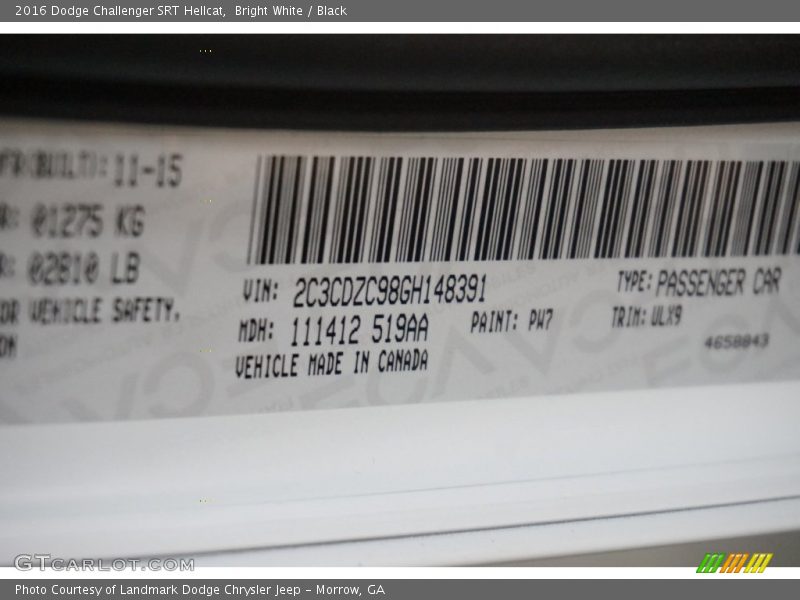 2016 Challenger SRT Hellcat Bright White Color Code PW7