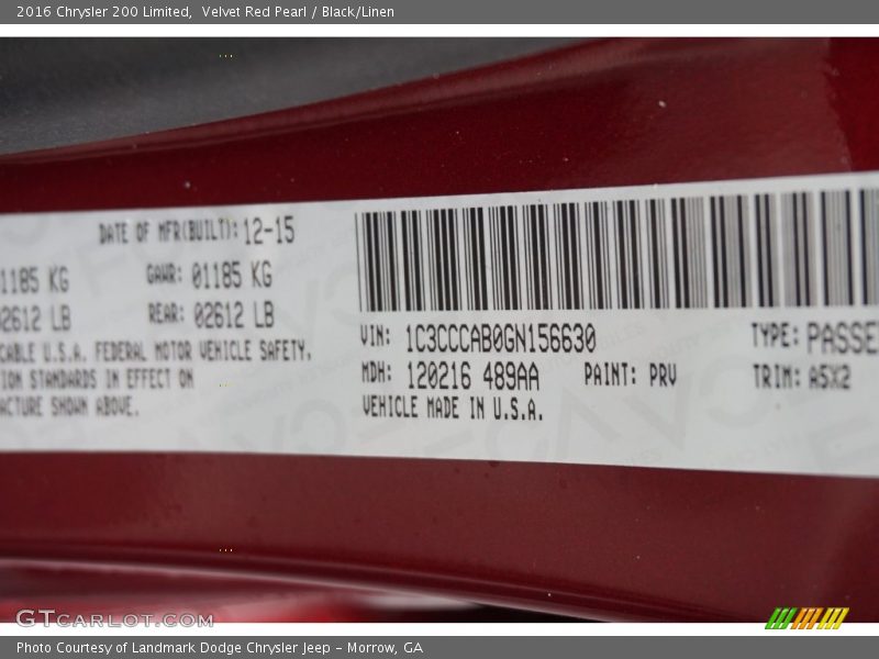 Velvet Red Pearl / Black/Linen 2016 Chrysler 200 Limited