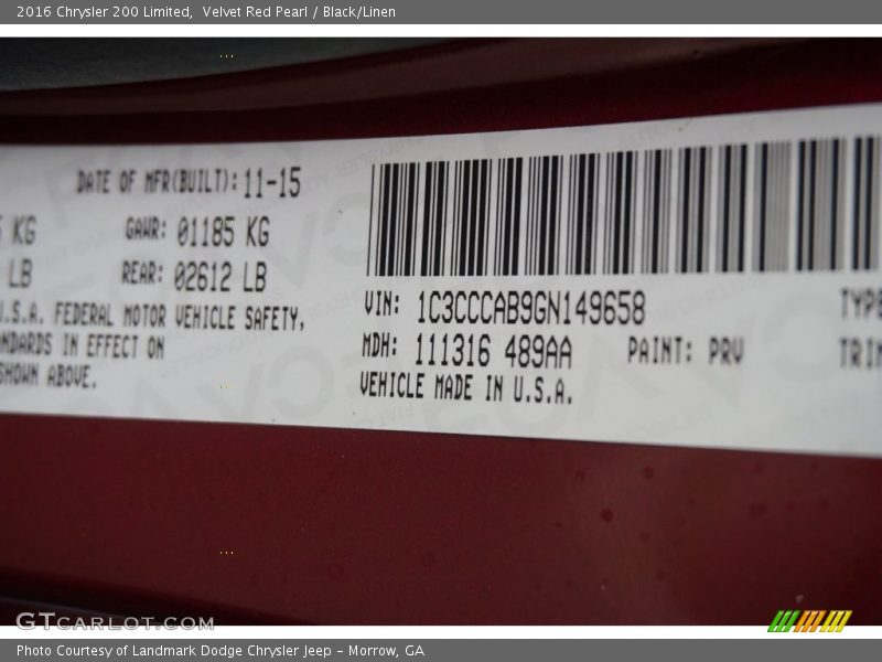 Velvet Red Pearl / Black/Linen 2016 Chrysler 200 Limited
