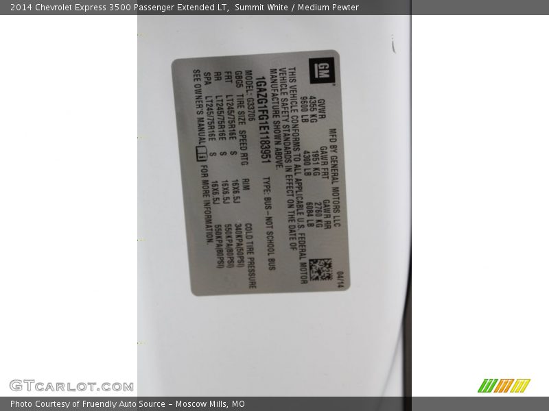 Summit White / Medium Pewter 2014 Chevrolet Express 3500 Passenger Extended LT