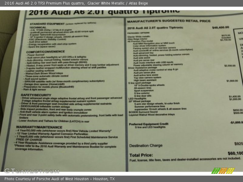Glacier White Metallic / Atlas Beige 2016 Audi A6 2.0 TFSI Premium Plus quattro