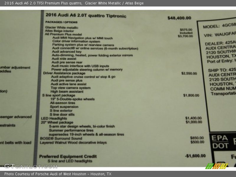 Glacier White Metallic / Atlas Beige 2016 Audi A6 2.0 TFSI Premium Plus quattro