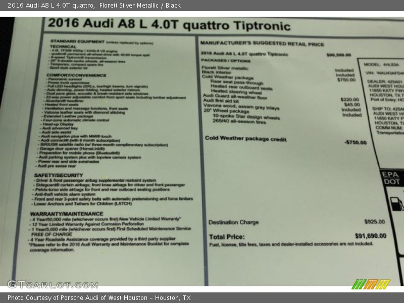 Florett Silver Metallic / Black 2016 Audi A8 L 4.0T quattro