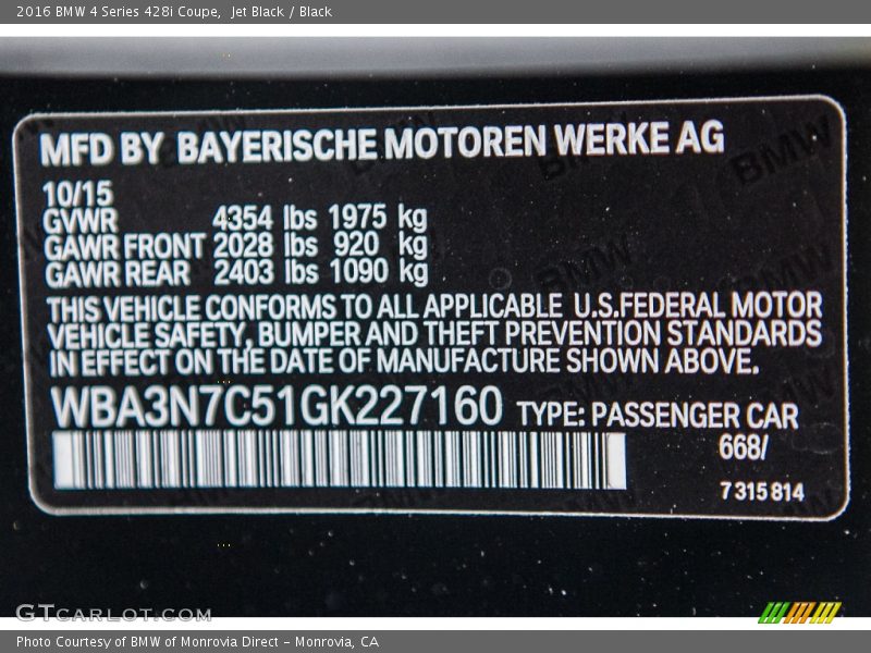 Jet Black / Black 2016 BMW 4 Series 428i Coupe