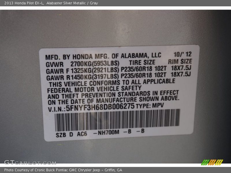 Alabaster Silver Metallic / Gray 2013 Honda Pilot EX-L