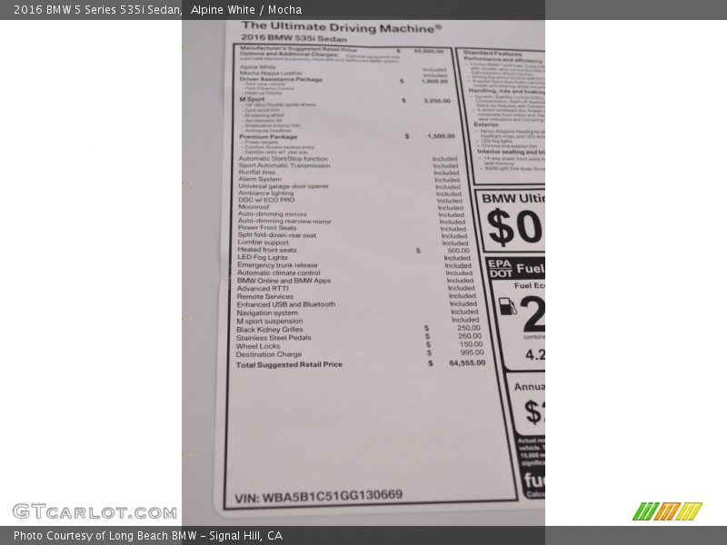  2016 5 Series 535i Sedan Window Sticker