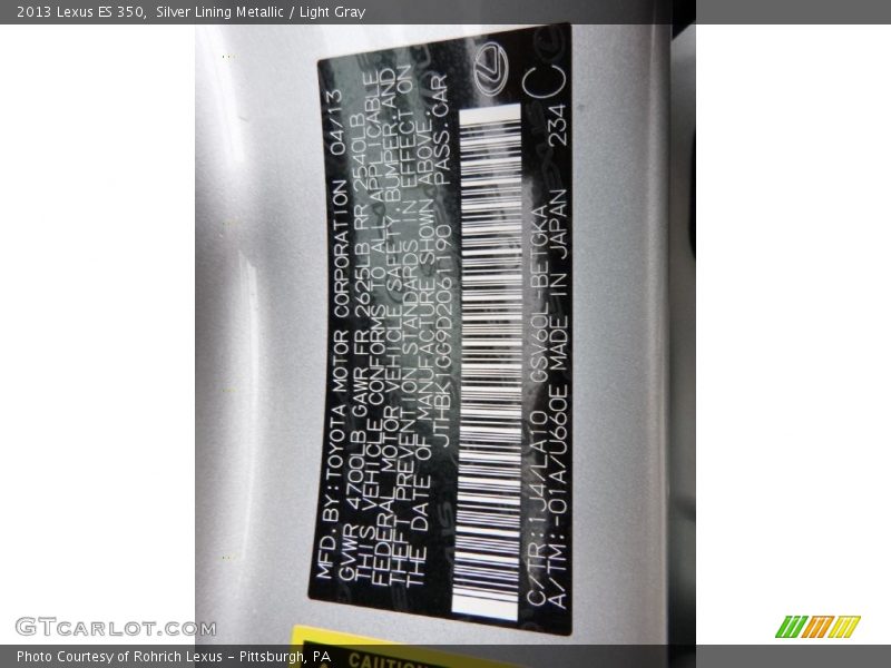 Silver Lining Metallic / Light Gray 2013 Lexus ES 350