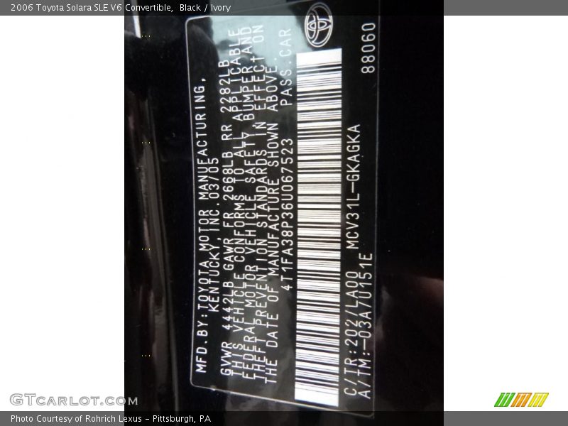 Black / Ivory 2006 Toyota Solara SLE V6 Convertible