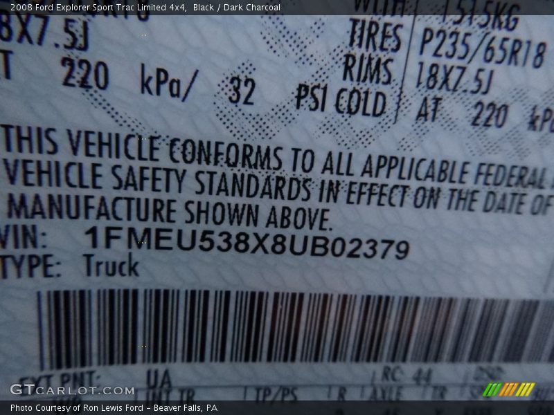 Black / Dark Charcoal 2008 Ford Explorer Sport Trac Limited 4x4