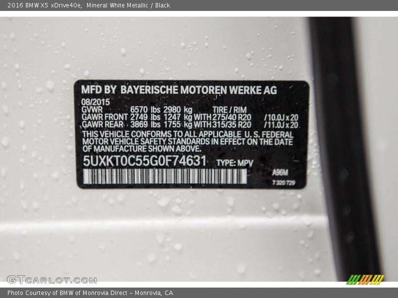 Mineral White Metallic / Black 2016 BMW X5 xDrive40e