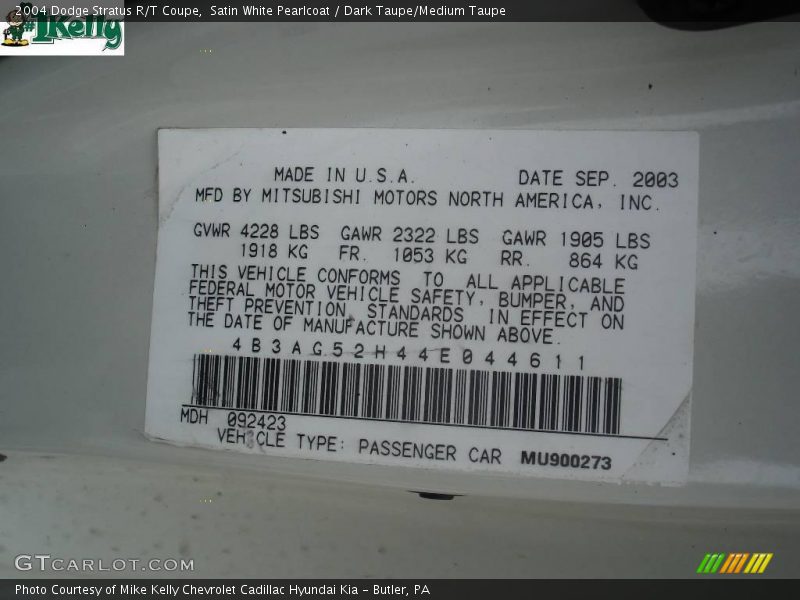 Satin White Pearlcoat / Dark Taupe/Medium Taupe 2004 Dodge Stratus R/T Coupe