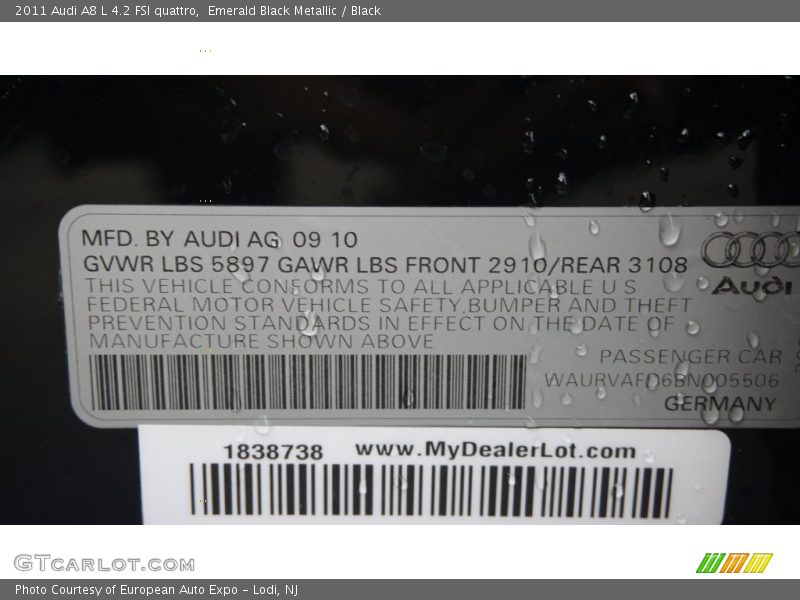 Emerald Black Metallic / Black 2011 Audi A8 L 4.2 FSI quattro