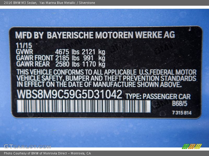 2016 M3 Sedan Yas Marina Blue Metallic Color Code B68