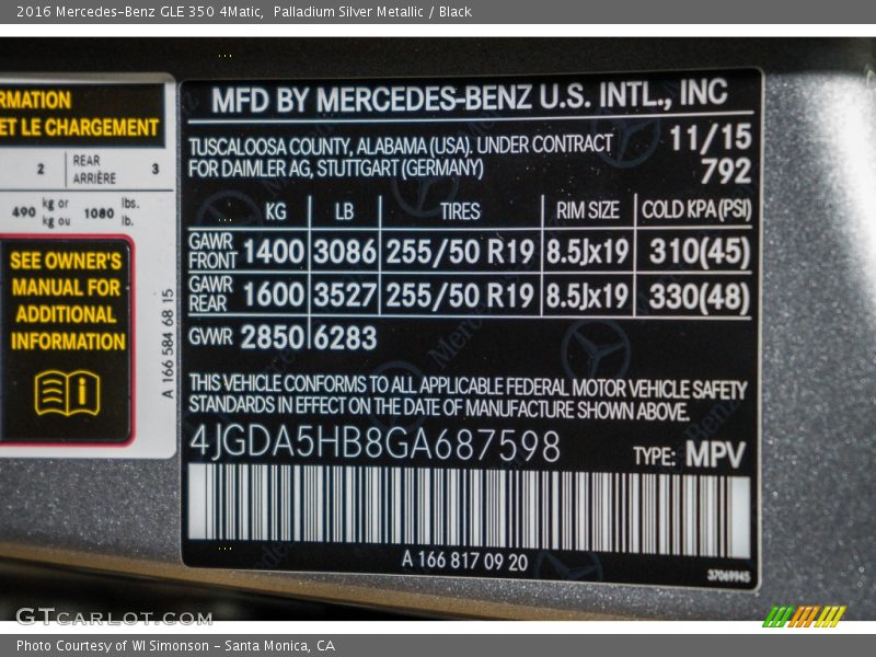 Palladium Silver Metallic / Black 2016 Mercedes-Benz GLE 350 4Matic