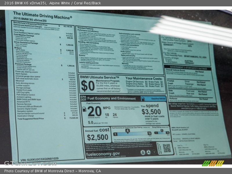  2016 X6 xDrive35i Window Sticker