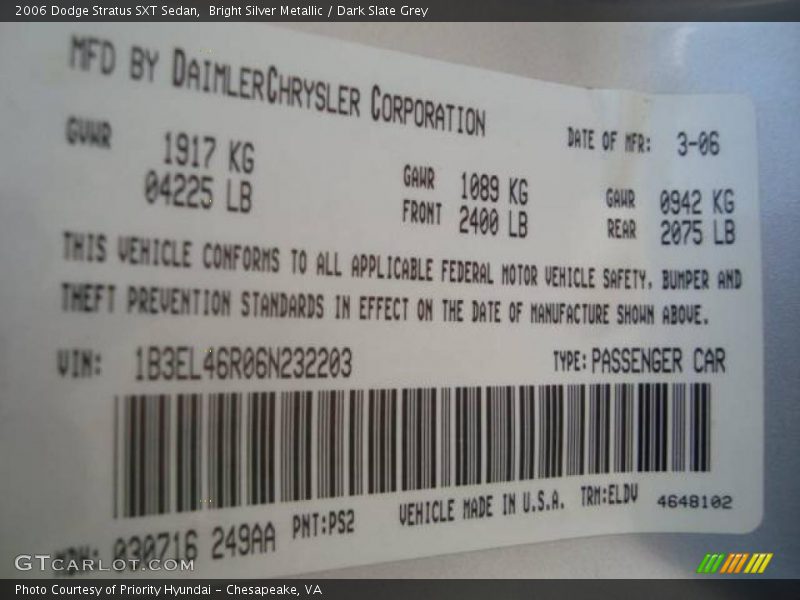 Bright Silver Metallic / Dark Slate Grey 2006 Dodge Stratus SXT Sedan