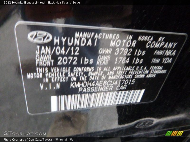 Black Noir Pearl / Beige 2012 Hyundai Elantra Limited