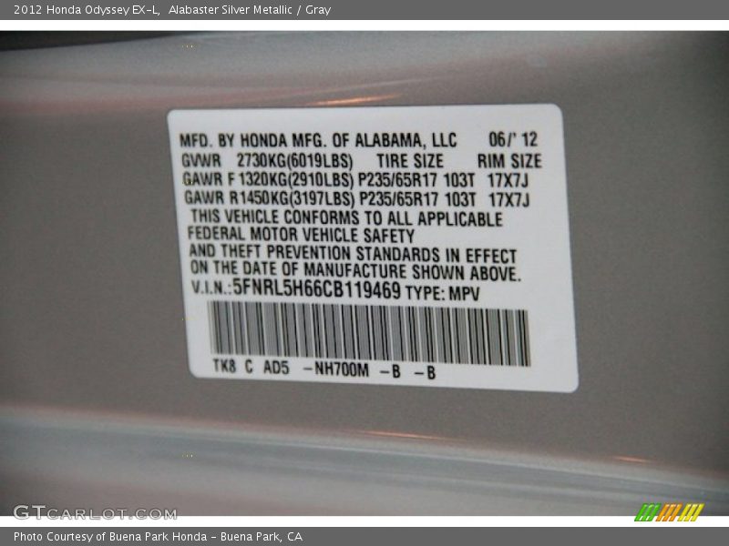 Alabaster Silver Metallic / Gray 2012 Honda Odyssey EX-L