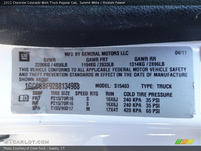 Summit White / Medium Pewter 2011 Chevrolet Colorado Work Truck Regular Cab