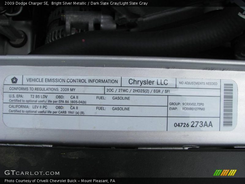 Bright Silver Metallic / Dark Slate Gray/Light Slate Gray 2009 Dodge Charger SE