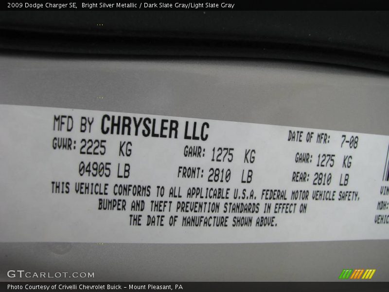 Bright Silver Metallic / Dark Slate Gray/Light Slate Gray 2009 Dodge Charger SE