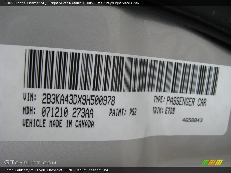 Bright Silver Metallic / Dark Slate Gray/Light Slate Gray 2009 Dodge Charger SE