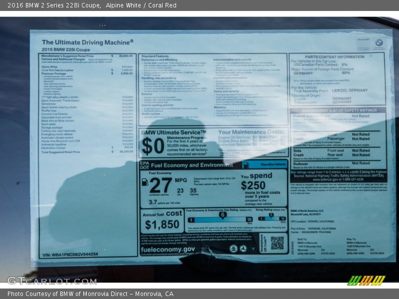 Alpine White / Coral Red 2016 BMW 2 Series 228i Coupe