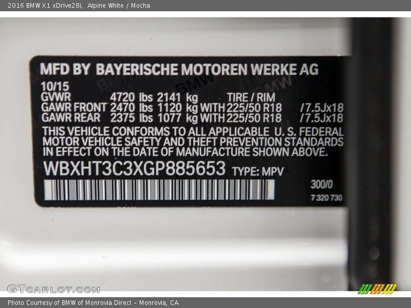 Alpine White / Mocha 2016 BMW X1 xDrive28i