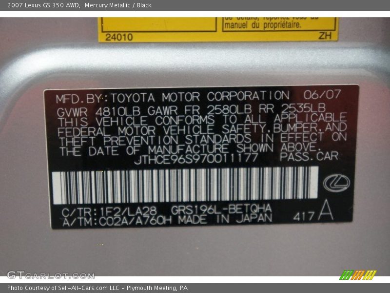 Mercury Metallic / Black 2007 Lexus GS 350 AWD
