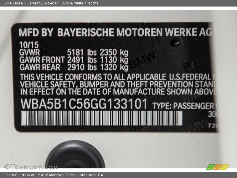 Alpine White / Mocha 2016 BMW 5 Series 535i Sedan