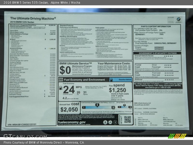 Alpine White / Mocha 2016 BMW 5 Series 535i Sedan