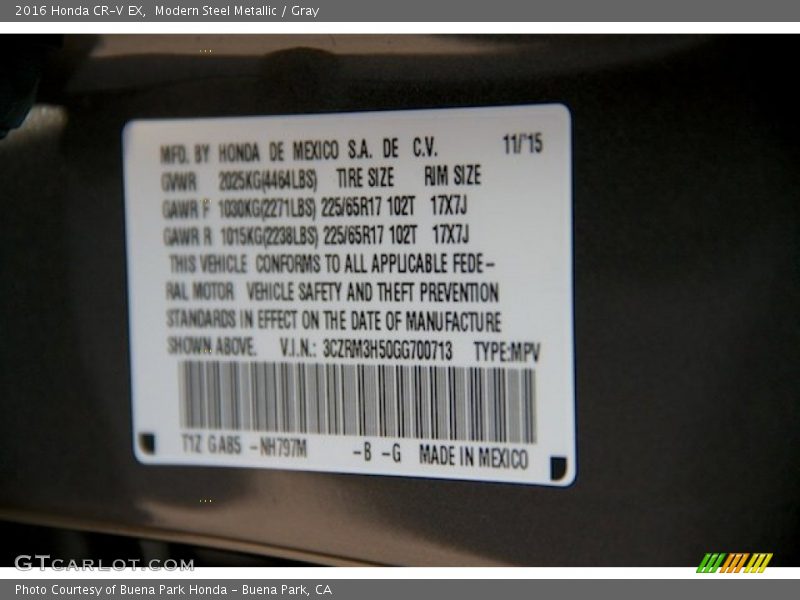 Modern Steel Metallic / Gray 2016 Honda CR-V EX