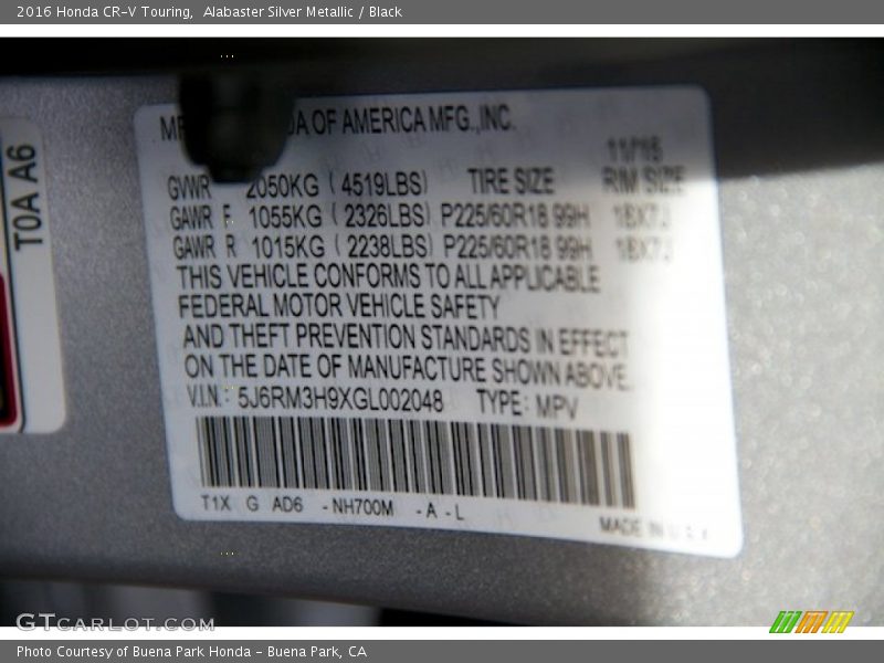 2016 CR-V Touring Alabaster Silver Metallic Color Code NH700M