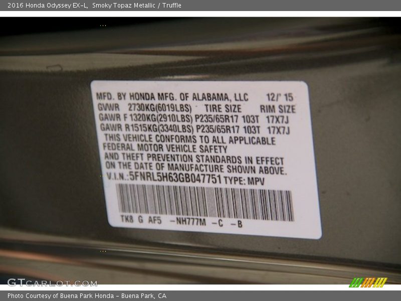 Smoky Topaz Metallic / Truffle 2016 Honda Odyssey EX-L