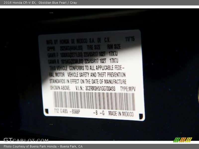 Obsidian Blue Pearl / Gray 2016 Honda CR-V EX