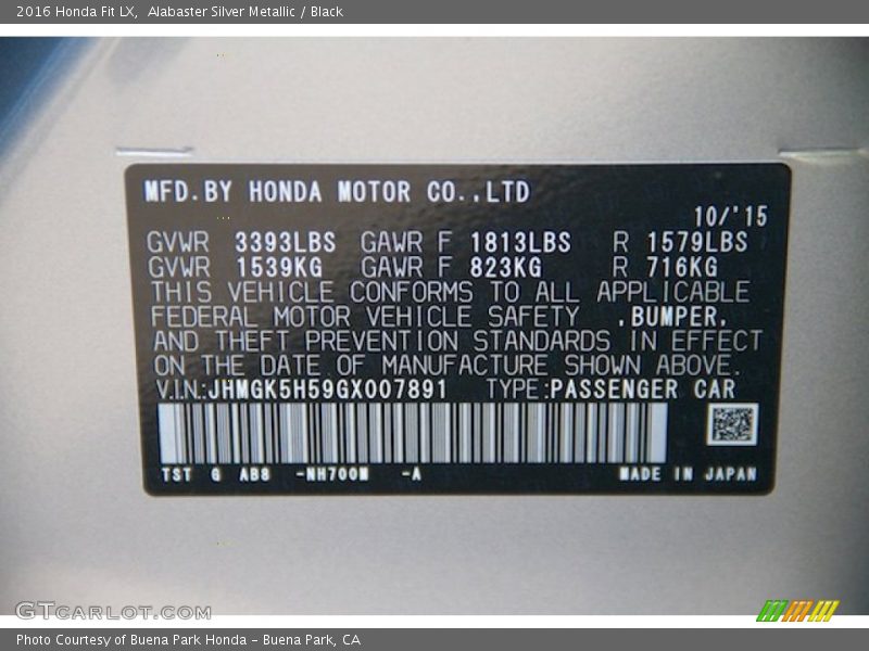 2016 Fit LX Alabaster Silver Metallic Color Code NH700M