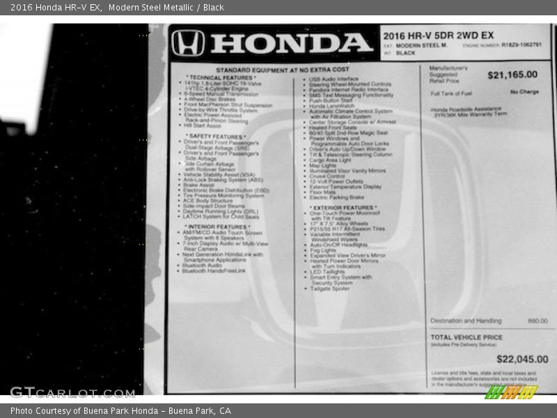 Modern Steel Metallic / Black 2016 Honda HR-V EX