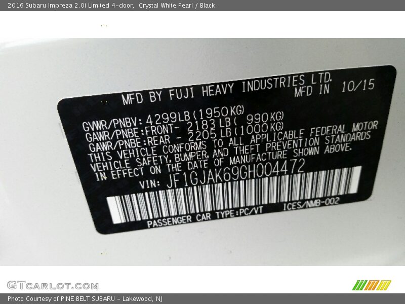 Crystal White Pearl / Black 2016 Subaru Impreza 2.0i Limited 4-door