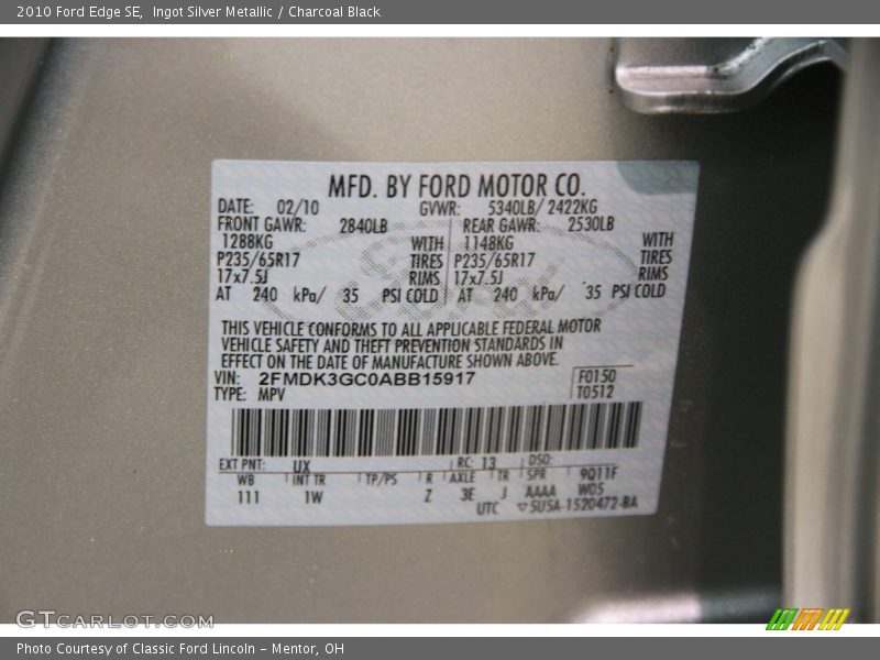 Ingot Silver Metallic / Charcoal Black 2010 Ford Edge SE