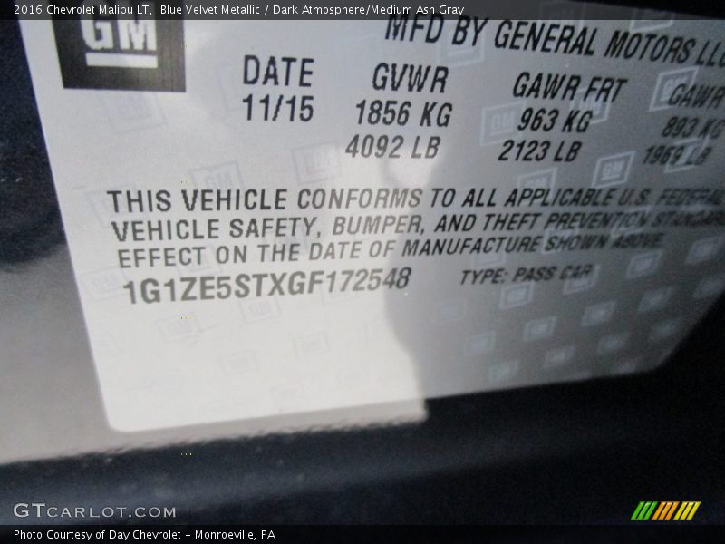 Blue Velvet Metallic / Dark Atmosphere/Medium Ash Gray 2016 Chevrolet Malibu LT