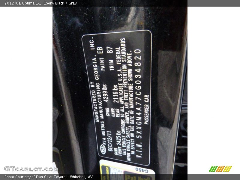 Ebony Black / Gray 2012 Kia Optima LX