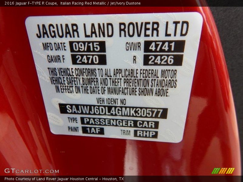 2016 F-TYPE R Coupe Italian Racing Red Metallic Color Code 1AF