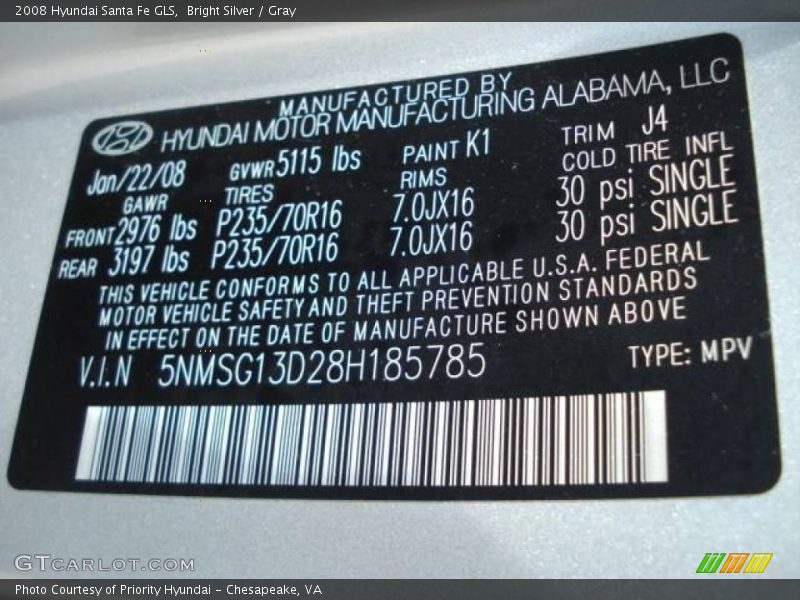 Bright Silver / Gray 2008 Hyundai Santa Fe GLS