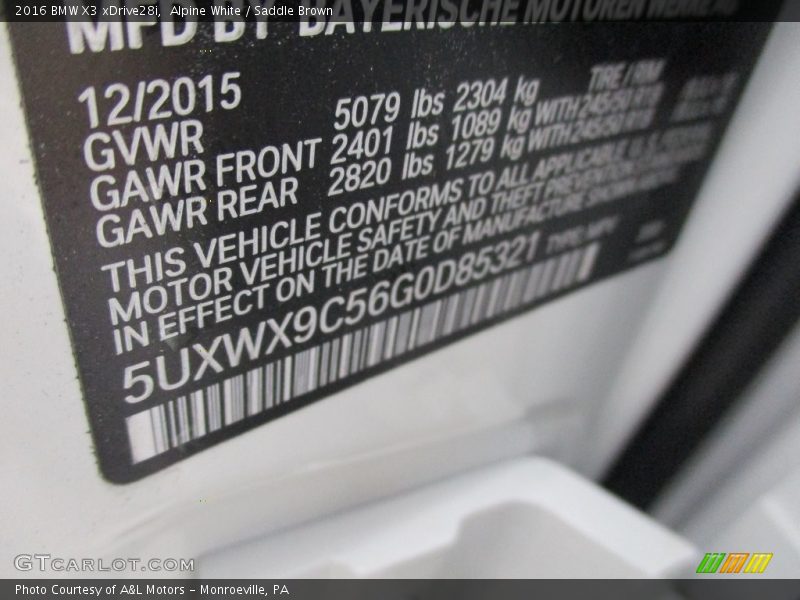 Alpine White / Saddle Brown 2016 BMW X3 xDrive28i