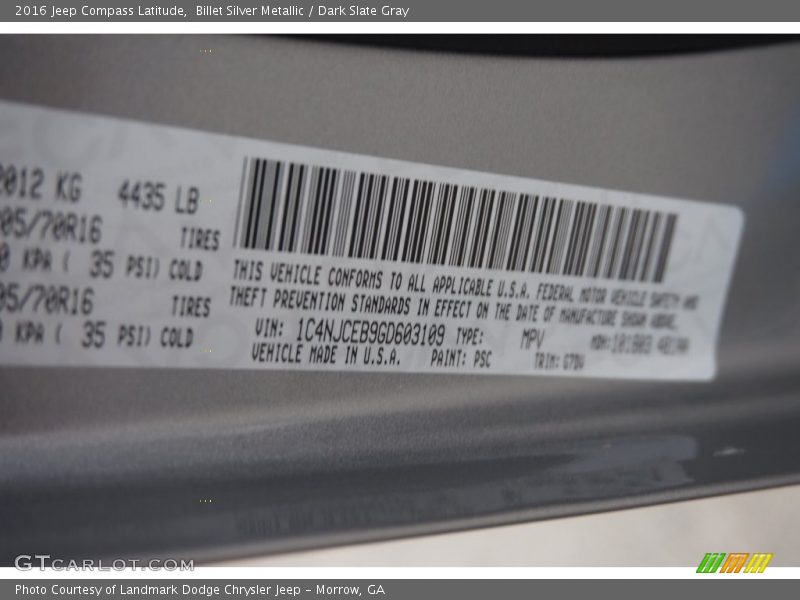 2016 Compass Latitude Billet Silver Metallic Color Code PSC