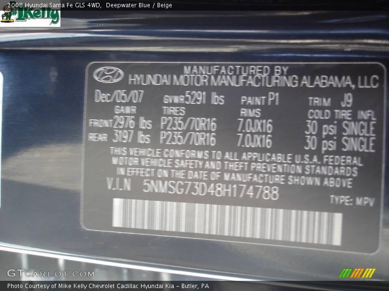 Deepwater Blue / Beige 2008 Hyundai Santa Fe GLS 4WD