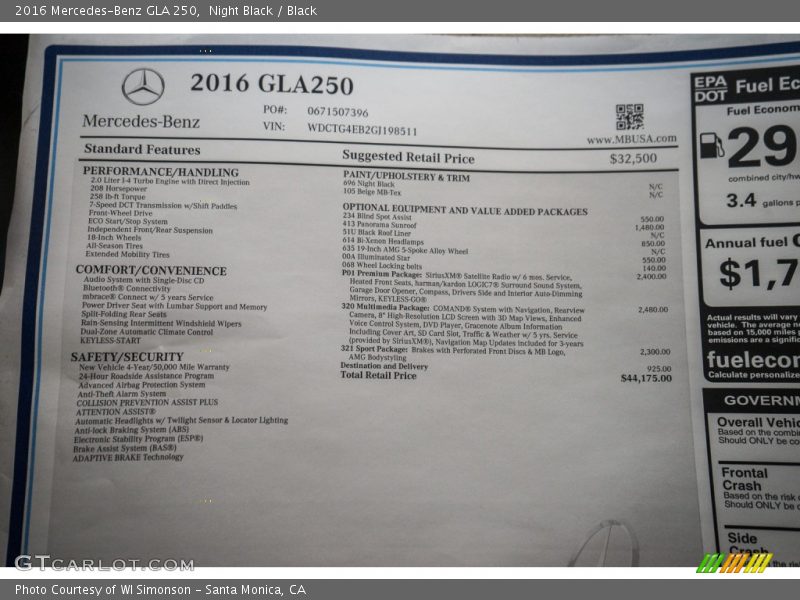 2016 GLA 250 Window Sticker