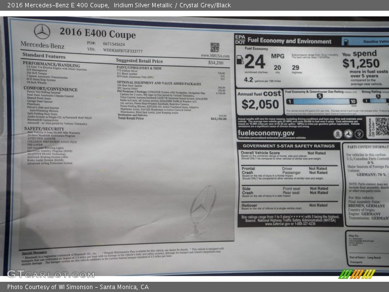 Iridium Silver Metallic / Crystal Grey/Black 2016 Mercedes-Benz E 400 Coupe