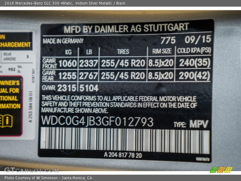 2016 GLC 300 4Matic Iridium Silver Metallic Color Code 775