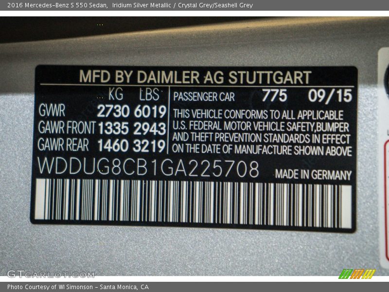Iridium Silver Metallic / Crystal Grey/Seashell Grey 2016 Mercedes-Benz S 550 Sedan
